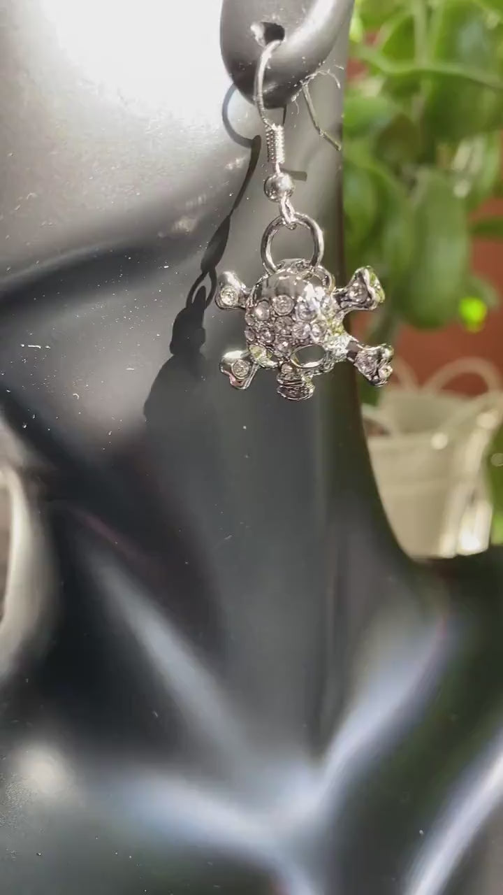 Vintage Rhinestone Antique Silver Skull & Crossbones Earrings for Pierced Ears Pirate Themed