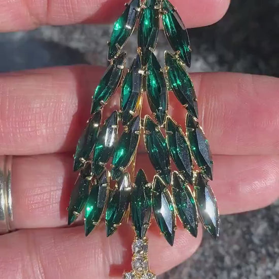 Emerald Green Rhinestone Christmas Tree Brooch Pin, Christmas Jewelry Gift