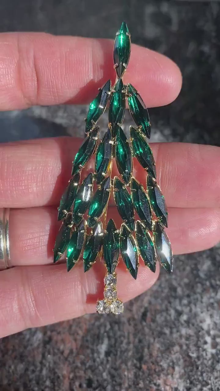 Emerald Green Rhinestone Christmas Tree Brooch Pin, Christmas Jewelry Gift