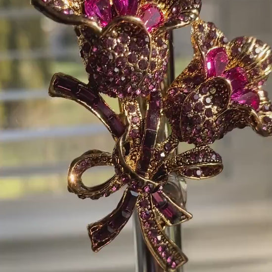 Vintage Large Purple Garnet Rhinestone Rose Pin Brooch Jewelry, Fashion Valentine's Day Roses Pin Statement Brooches