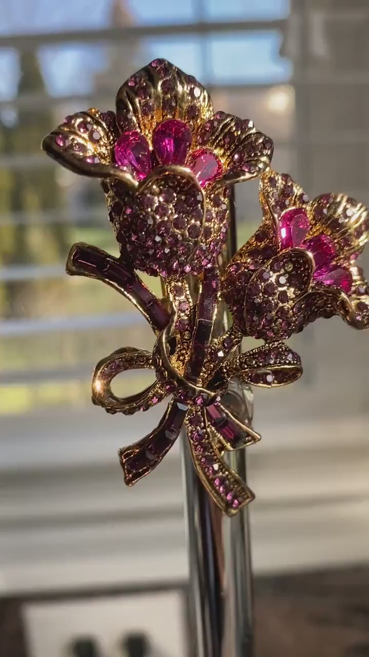 Vintage Large Purple Garnet Rhinestone Rose Pin Brooch Jewelry, Fashion Valentine's Day Roses Pin Statement Brooches