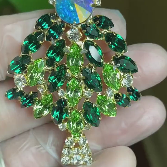 Emerald Green Rhinestone Christmas Tree Pin Brooch