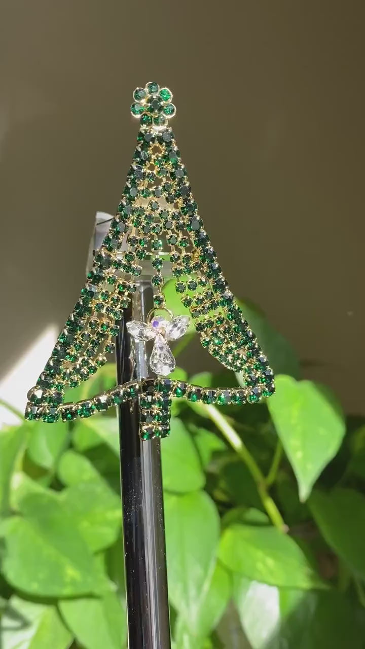 Emerald Green Rhinestone Christmas Tree Brooch Pin, Crystal Christmas Tree, Costume Holiday Jewelry Gift