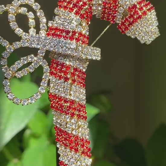 Vintage Christmas Candy Cane Brooch Pin, Prong Set Rhinestone Bow Holiday Christmas Candy Can Brooch Pin Christmas Jewelry