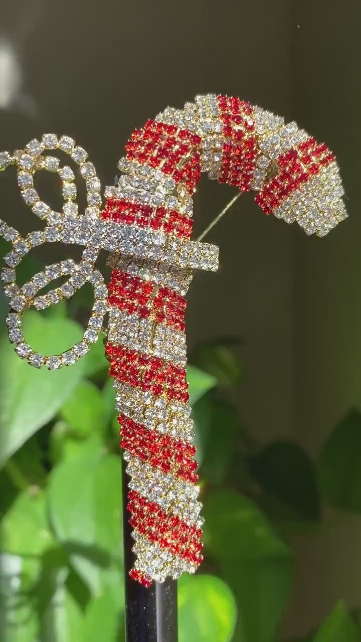 Vintage Christmas Candy Cane Brooch Pin, Prong Set Rhinestone Bow Holiday Christmas Candy Can Brooch Pin Christmas Jewelry