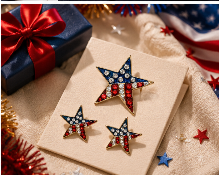 Rhinestone American Flag Star Patriotic Pin Brooch Crystal American Flag Star Patriotic Earrings