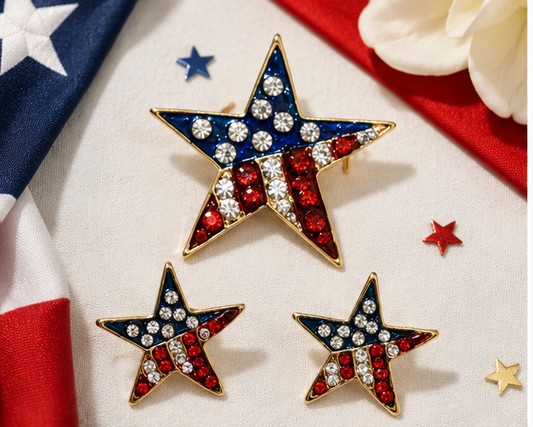 Rhinestone American Flag Star Patriotic Pin Brooch Crystal American Flag Star Patriotic Earrings